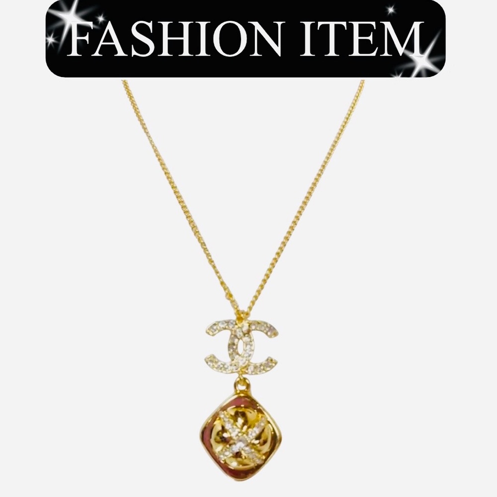 A-1FN-9: NECKLACE: Gold-Tone Monogram w/Rhinestone Pendant, NWOT